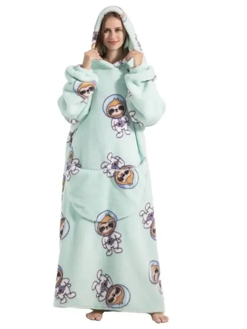 Amazon Mint Plush Hooded Robe with Character Print